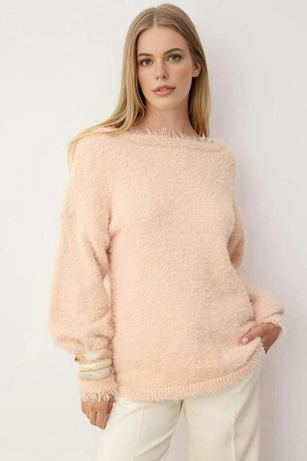 WOVCOR Furry Turn-Down Collar Knit Sweater
