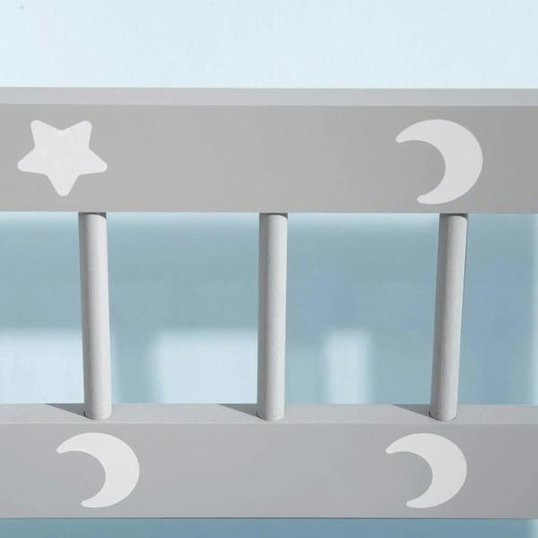 Kids storage bench front panel with grey star-and-moon design and white legs