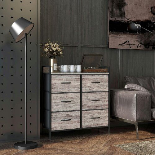Wyld Haus Ferris Fabric And Wood Grey Wood Effect 6 Drawer Rustic Storage Chest