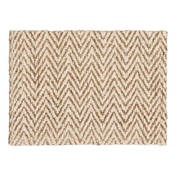 Beige and brown chevron patterned rug on a white background
