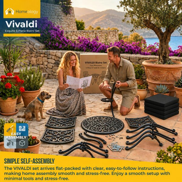 Homeology VIVALDI Black 5-Piece Cast Aluminium Garden Bistro Set - with Black Cushions