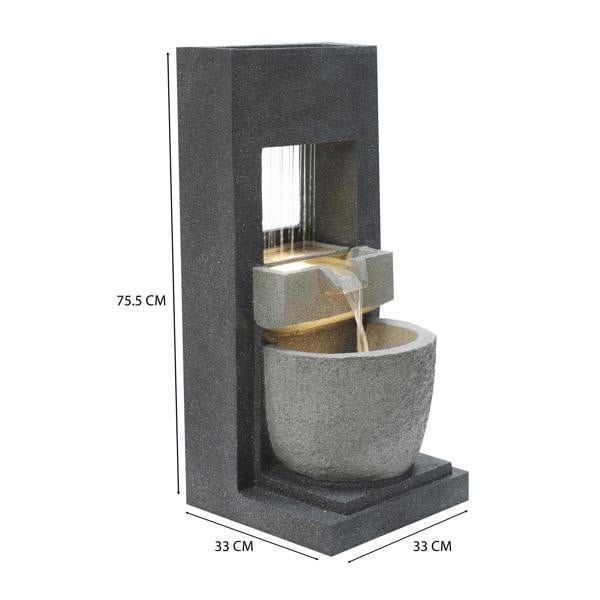 Sleek black electric water feature with cascading water, textured stone finish, and illuminated bowl for a serene ambiance