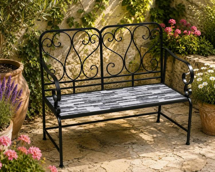 Cascade Mosaic 2 Seater Garden Bench, 112cm Outdoor Patio Seat with Ceramic Tile Seat, Scrollwork Backrest & Metal Frame image 1