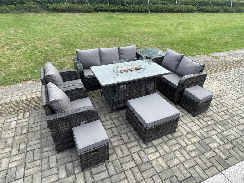 Fimous Rattan Outdoor Garden Furniture Set with Gas Fire Pit Table, 2 x Sofas, 2 Chairs, 3 Footstools, 1 Side Table - 10 Seater - Dark Grey