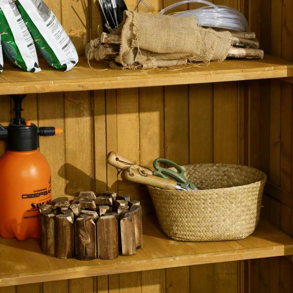 Interior wooden shelves with stored tools and accessories, light wood