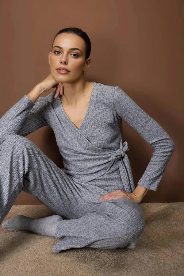 WOVCOR 2-Piece Ribbed Knit Pajama Set with Wrap-Around Tie Detail