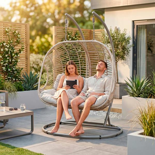 Dellonda Egg Hanging Swing Chair, Wicker Rattan Basket, Steel Frame, Double - DG61