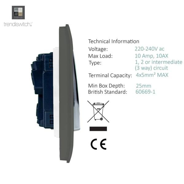 Trendi Switch 4 Gang Light Switch (3x 1 or 2 Way & 1 x Intermediate)in Charcoal Grey