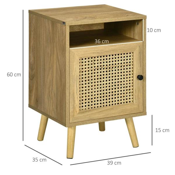 Natural wood bedside table with open shelf, rattan door panel, and black pull, side view