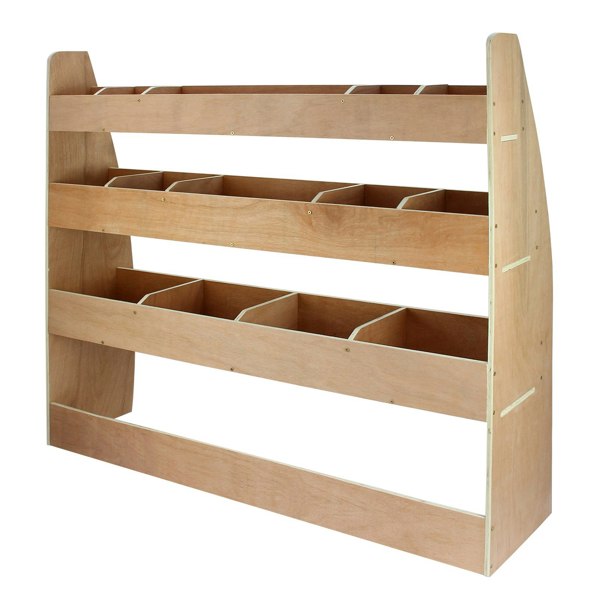 Monster Racking Caddy Transporter Van Rack in natural wood finish, featuring three open shelves with multiple storage compartments for organized transport