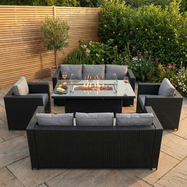 Jardi 8 Seater Rattan Furniture Set With Firepit – Black