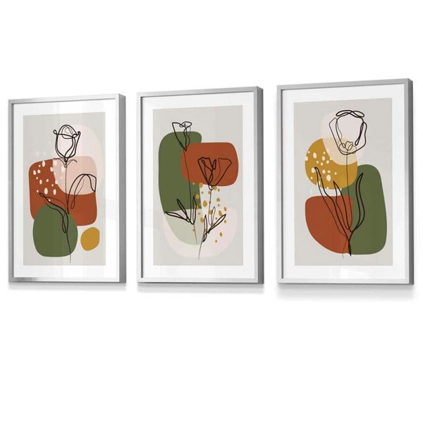 Artze Wall Art Floral Set of 3 Autumn Boho Framed Prints in Orange and Green