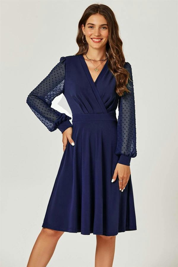 FS Collection Long Sleeve Pleated Detail Midi Dress In Navy