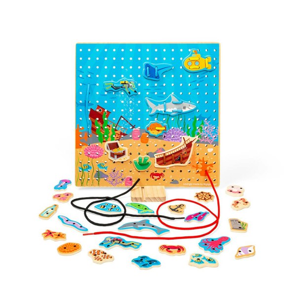 Bigjigs Toys Wooden Marine Lace-A-Shape Game - 30 Geometric Shape Lacing Cards & 6 Laces