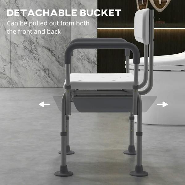 White shower stool side view with detachable bucket and armrests on height-adjustable legs