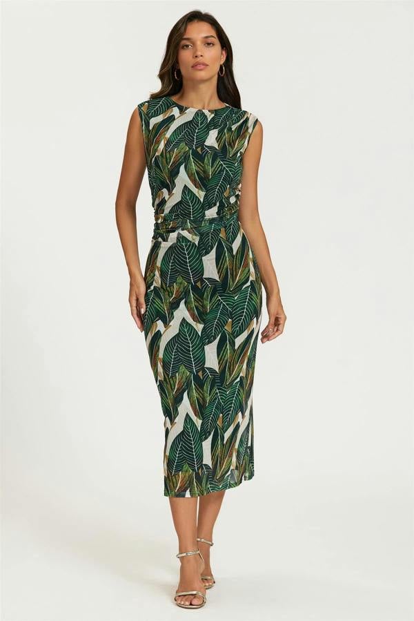 FS Collection Leaf Print Mesh Maxi Dress In Green