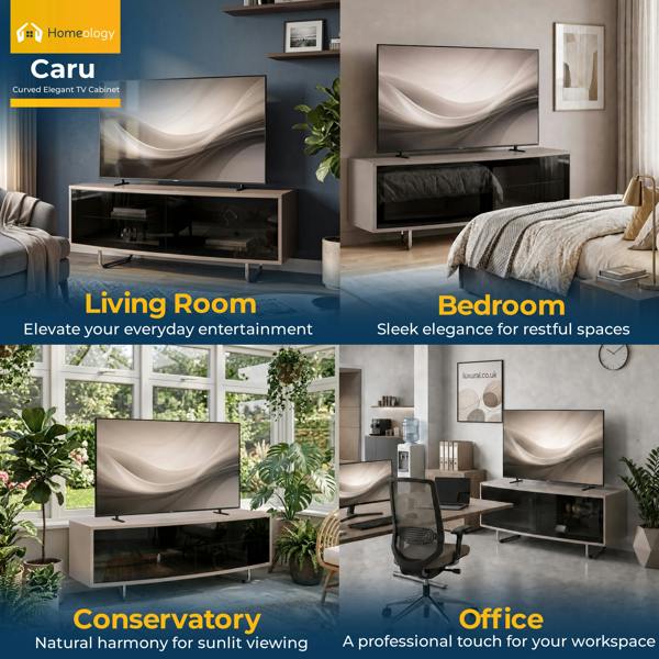 Homeology Caru Gloss Black Greige Beam-Thru Remote Friendly Super-Contemporary "D" Shape Design 32"-65" LED/OLED/LCD TV Cabinet