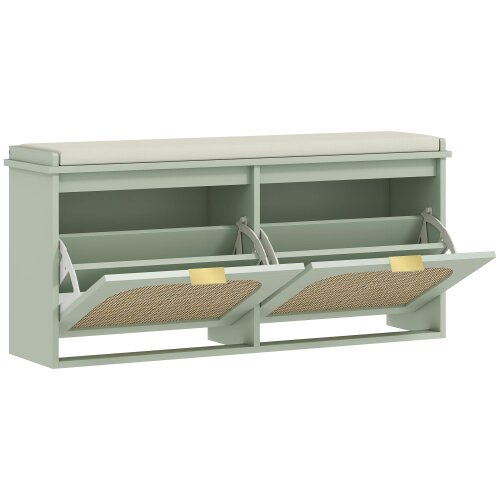 Wyld Haus Rika Wooden Light Green Boho Style Shoe Bench With Cushioned Seat And 2 Flip Drawers