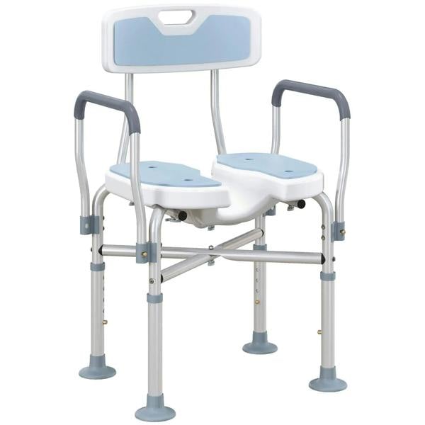 Light blue padded shower chair with armrests and aluminum frame, adjustable legs