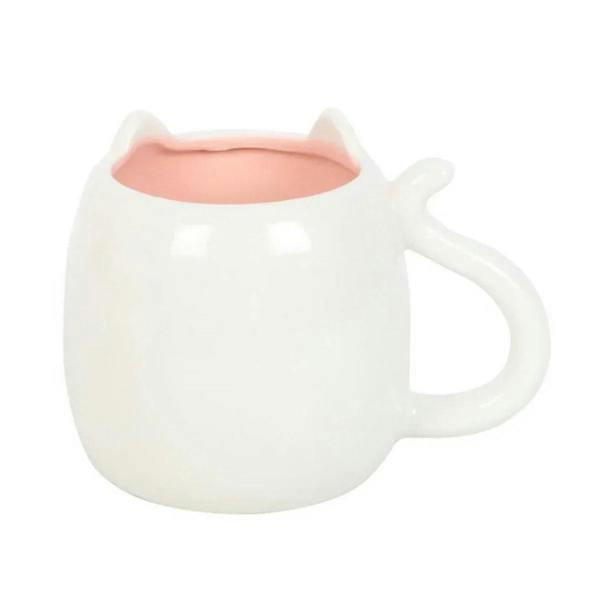 Cat-shaped ceramic mug, white with pink interior and curved side handle