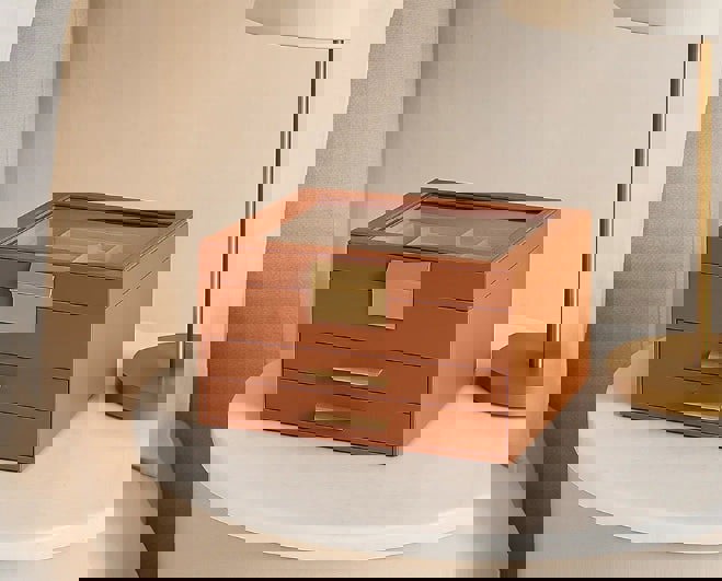 Modcraft 3-Tier Jewellery Box with Glass Lid – Caramel Brown & Gold Organiser with Velvet Lining