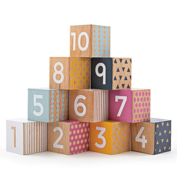 Bigjigs Toys 10 Wooden Number Blocks, Bright Colours And Patterns