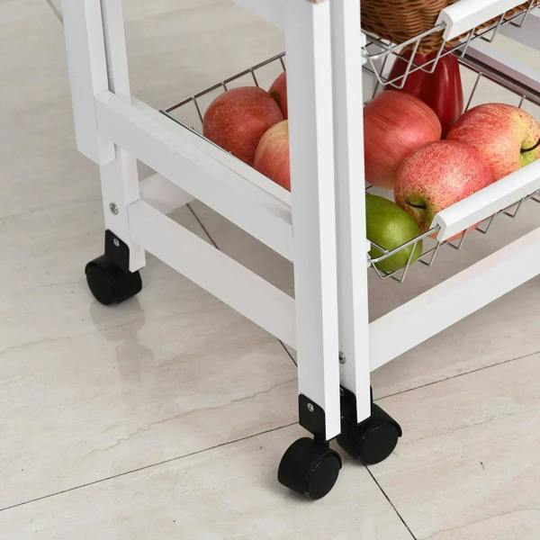 Close-up of white rolling kitchen cart legs and wire baskets filled with onions and produce