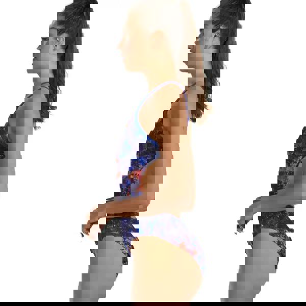 TYR Montipora Durafast Elite Cutoutfit swimsuit in purple orange with blue galaxy print