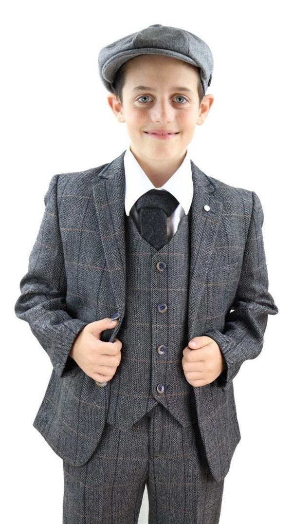 House of Cavani Boys 3 Piece Charcoal Grey Herringbone Tweed Check Classic  Suit