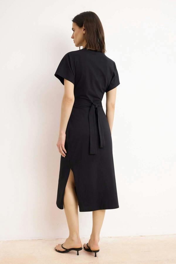 WOVCOR Batwing Sleeve Bodycon Midi Dress with Tie Waist Detail