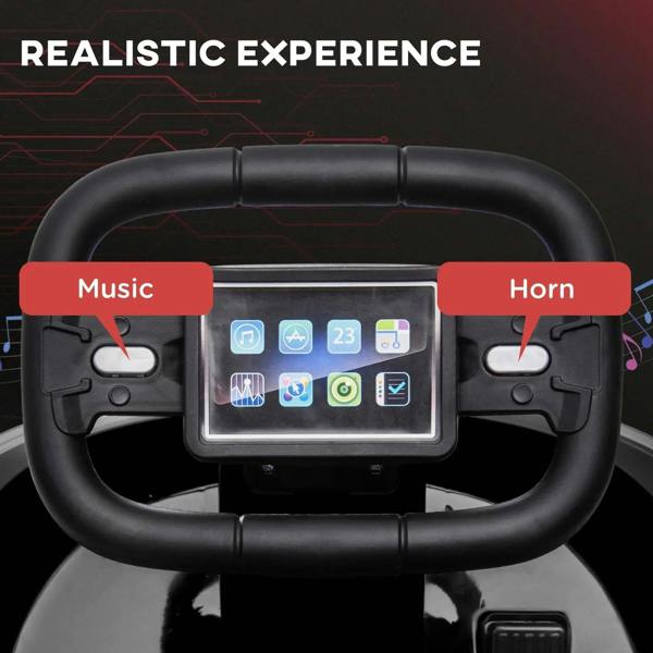 Black steering wheel with central control screen and button panel for kids bumper car