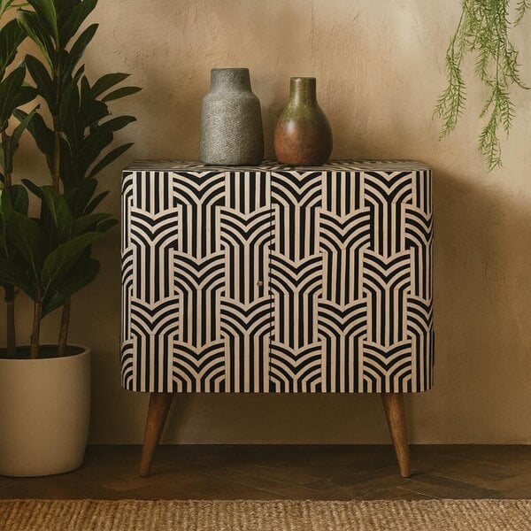 Wyld Haus Honolulu Monochrome Black and White Bone Inlay Storage Cabinet 2 Doors