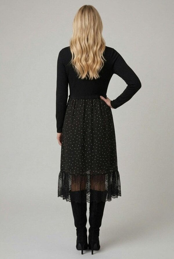Izabel London Polka Dot Print Lace Hem Midi Dress