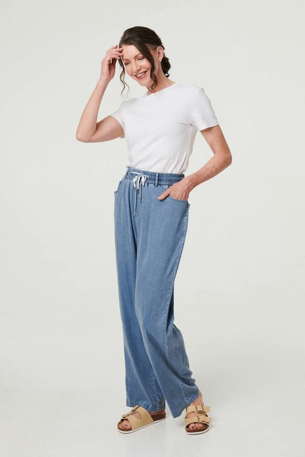 Blue | Denim Elasticated Waist Crop Trousers

