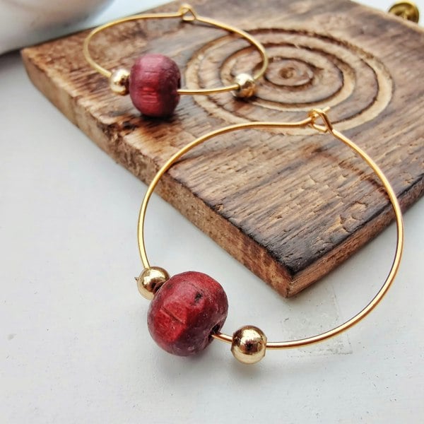 The Colourful Aura Red Sandalwood Beaded Minimalist Dangle Asian Ethnic Boho Hoop Earrings