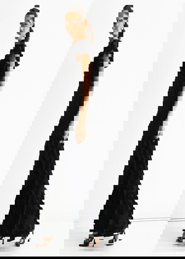 Gini London Black V Neck Ruffle Sleeves Velvet Occasion Maxi Dress