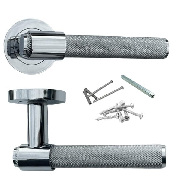 EDH Door Hardware Polished Chrome Knurled Door Handles on Round Rose – Modern Internal Lever Handle