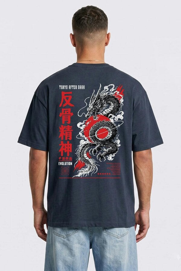 London Attitude Tokyo After Dark Dragon Oversized Heavyweight Graphic T-Shirt - Blue Dusk