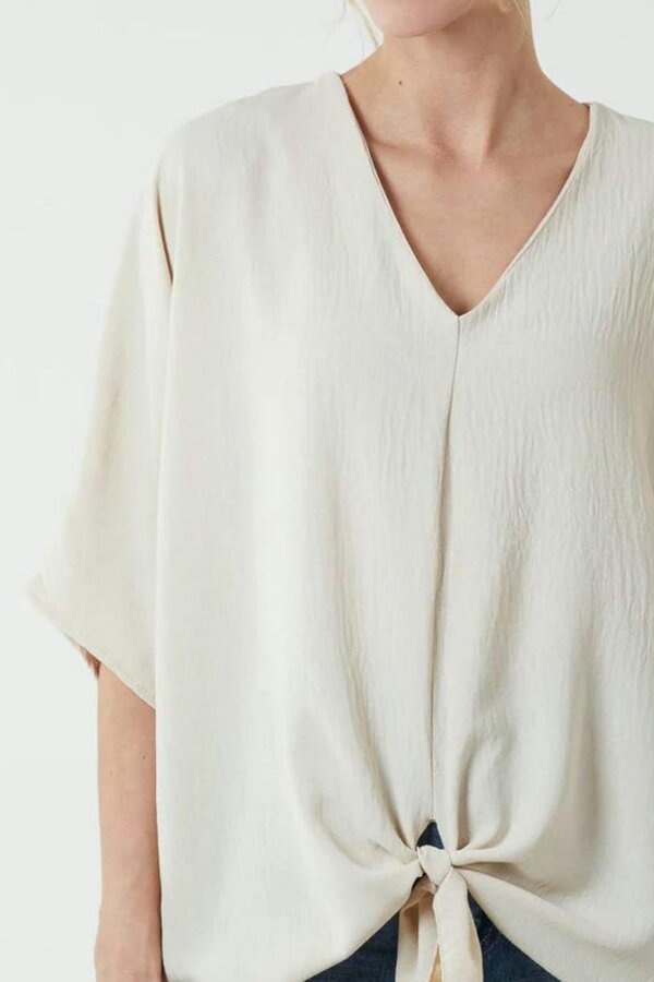 Hoxton Gal Oversized V Neck Tie Detailed Top with 3/4 Sleeves in Beige