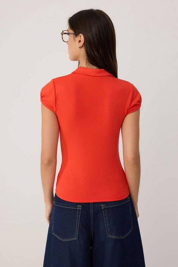 WOVCOR Keyhole Neck Short Sleeve Fitted Knit Blouse
