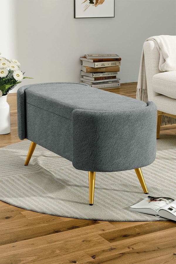 Living and Home Grey Polar Fleece Oval Accent Bench with Gold Metal Legs Bedroom Bed End Stool