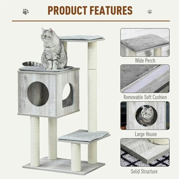 Grey cushioned cat tree with cubby house, two side openings, and stacked resting platforms