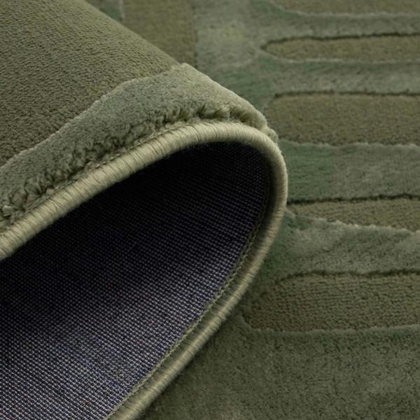 Close-up of a green textured rug with a visible border.