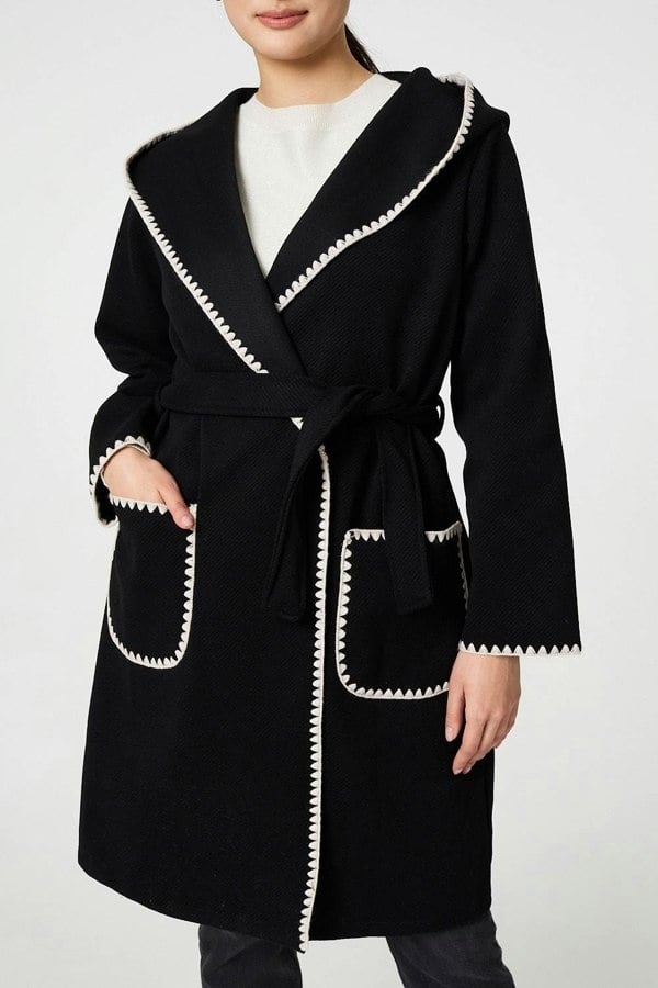Black | Blanket Stitch Tie Waist Longline Coat