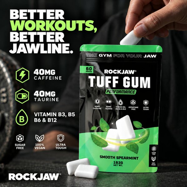 ROCKJAW Tuff Gum Performance | 20mg Natural Caffeine, 20mg Taurine + B Vitamin Complex | Premium Tough Jaw Gum