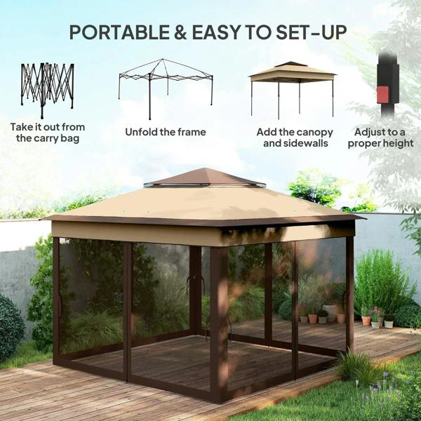 Beige and dark brown portable pop-up gazebo canopy with screened side walls