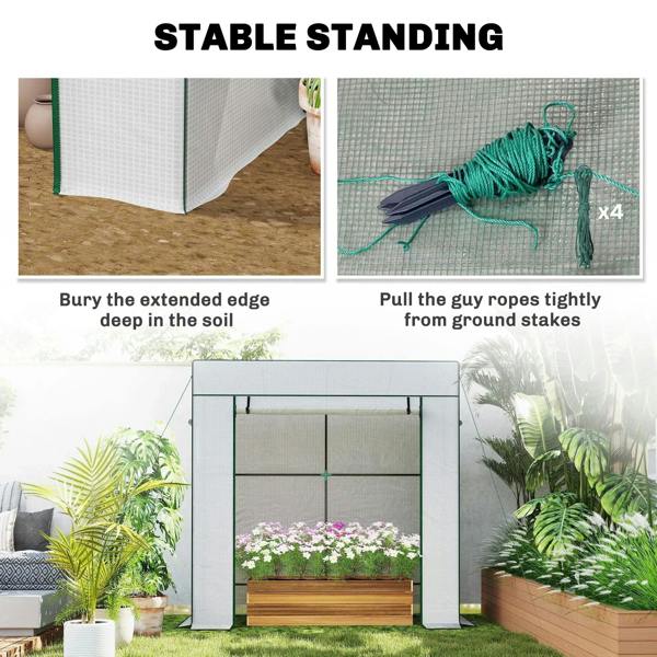 White PVC greenhouse base with green frame, stabilizing ropes and stakes