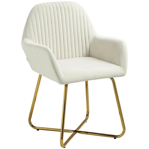Cream upholstered accent arm chair with vertical channel back and gold metal sled base
