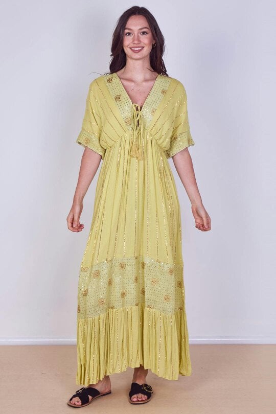Boho Sequin Square Embroidered Maxi Dress