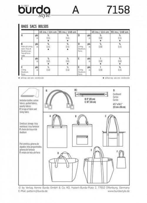 Burda Sewing Pattern 7158 Bags - Easy